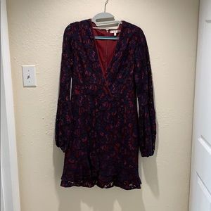Navy and deep red lace dress with deep front neck